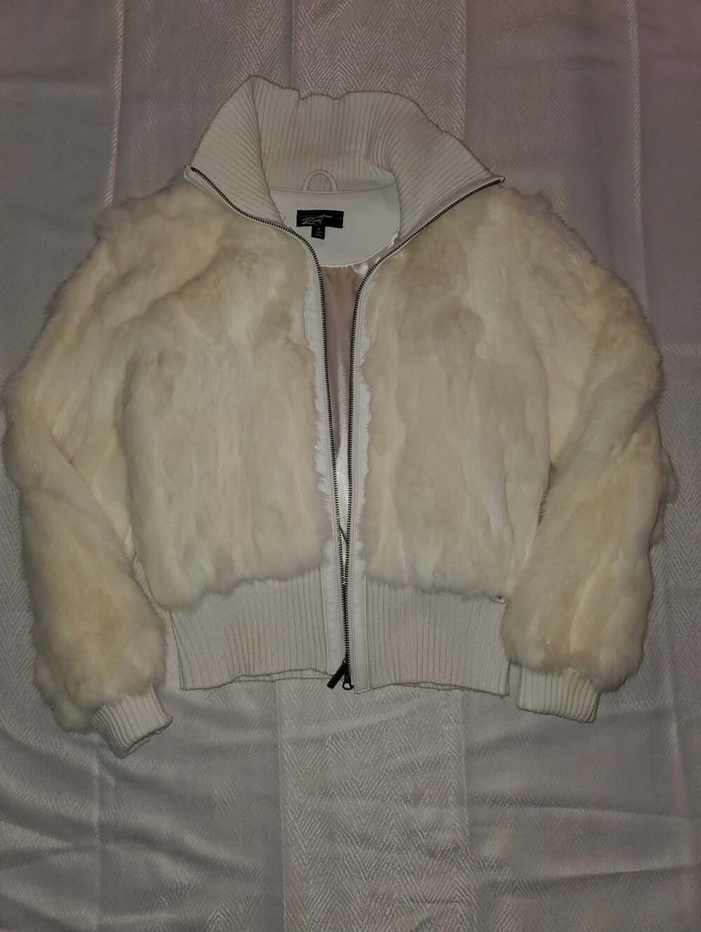 Black Rivet Real White Rabbit Fur Bomber Jacket
